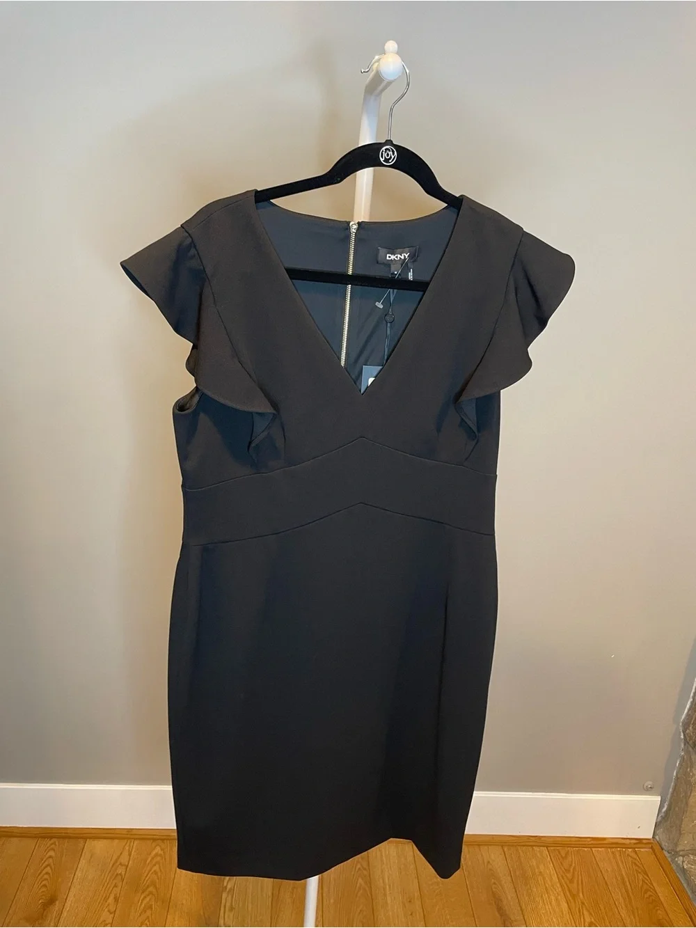 DKNY Black V-Neck Ruffle Sleeve Sheath Dress